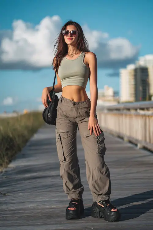 trendy woman wearing a fitted tank top with low-rise cargo pants and platform sandals, accessorized with tinted sunglasses and a shoulder bag, relaxed early 2000s outfit with cargo pants