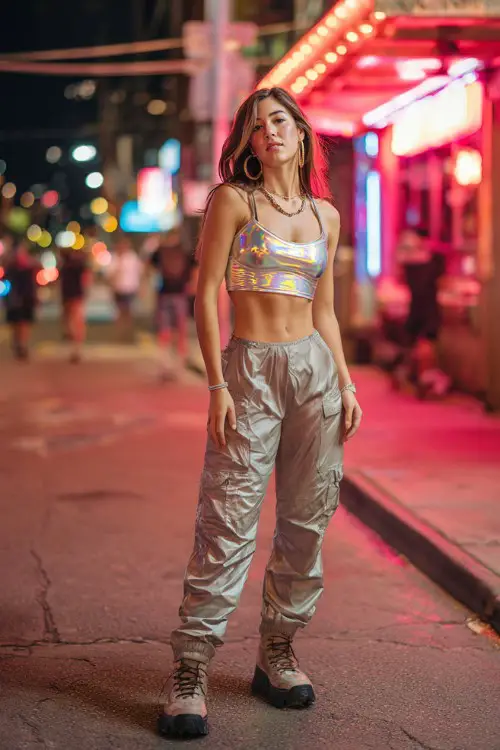 trendy woman wearing a metallic crop top with low-rise cargo pants and chunky platform sneakers, accessorized with hoop earrings and a mini bag, edgy Y2K club street style