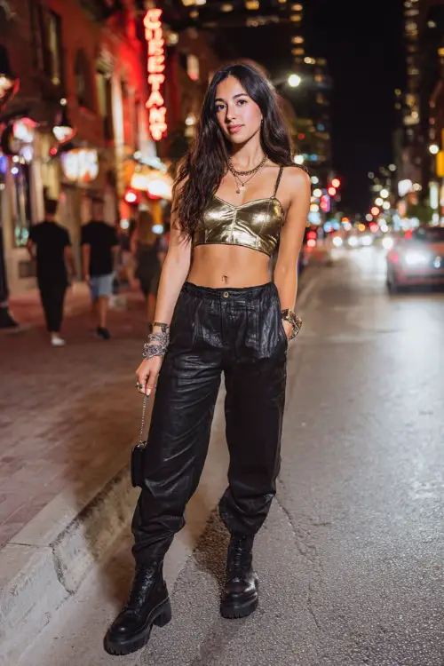 trendy woman wearing a metallic crop top with low-rise leather pants and platform boots, accessorized with chunky bracelets and a mini bag, Y2K street style night outfit 