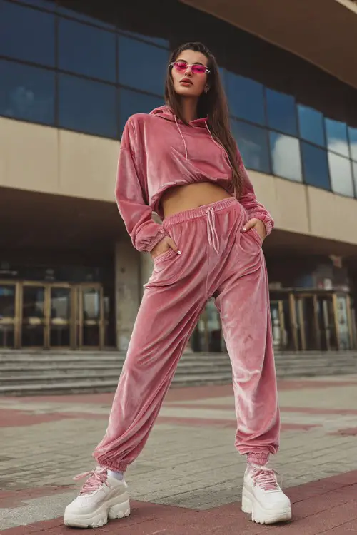 trendy woman wearing a pink velour tracksuit with a cropped hoodie and matching pants, platform sneakers and tinted sunglasses, iconic Y2K casual fashion 