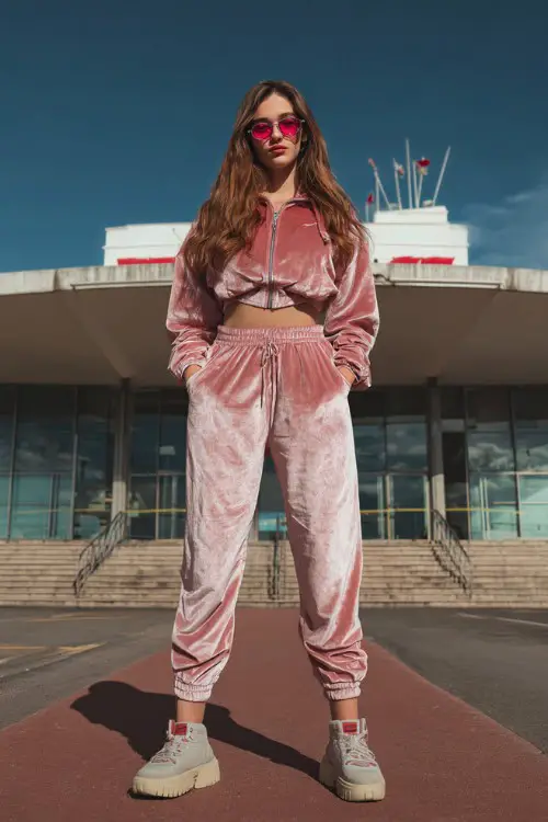 trendy woman wearing a pink velour tracksuit with a cropped hoodie and matching pants, platform sneakers and tinted sunglasses, iconic Y2K casual fashion