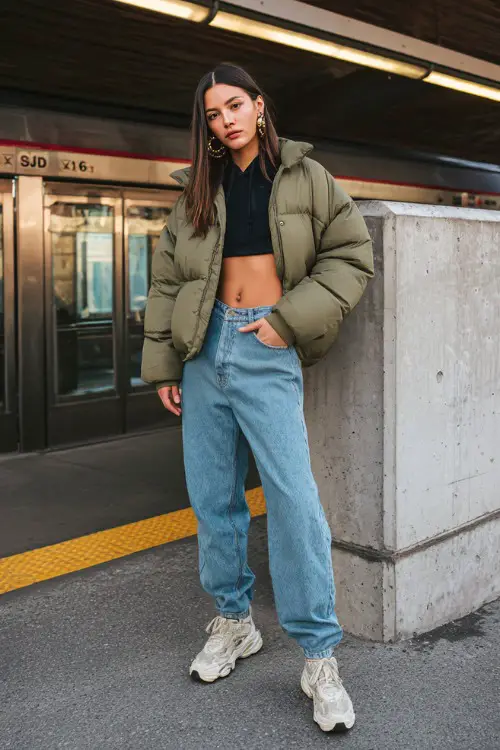 trendy woman wearing a puffer jacket over a cropped hoodie with baggy jeans and chunky sneakers, accessorized with hoop earrings and a shoulder bag, casual Y2K streetwear outfit with jacket 