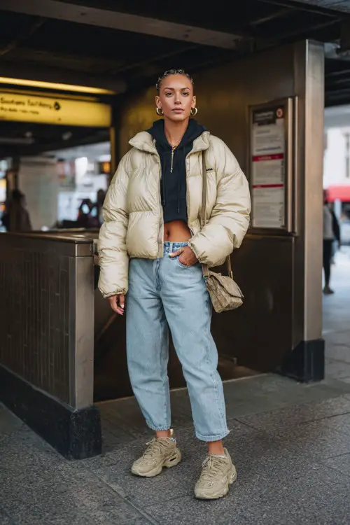 trendy woman wearing a puffer jacket over a cropped hoodie with baggy jeans and chunky sneakers, accessorized with hoop earrings and a shoulder bag, casual Y2K streetwear outfit with jacket