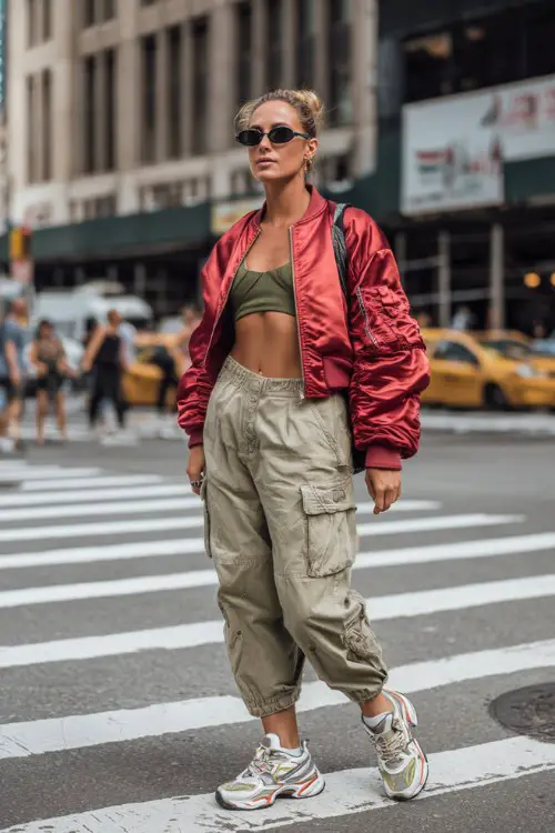 trendy woman wearing a satin bomber jacket over a halter crop top with low-rise cargo pants and chunky sneakers, accessorized with a shoulder bag and sporty sunglasses