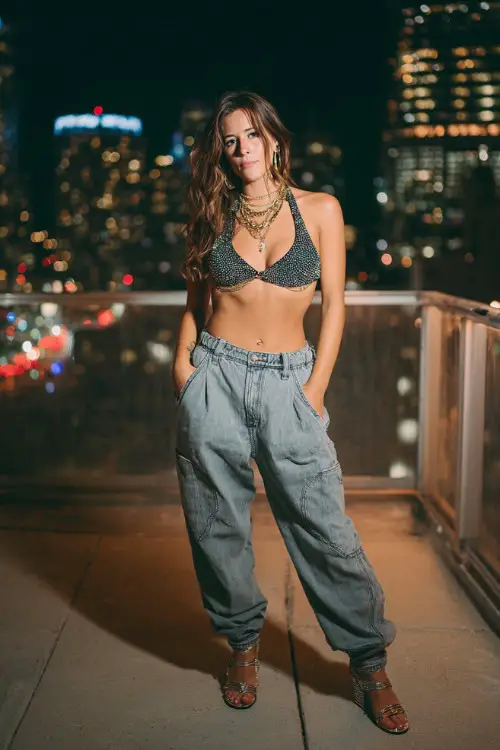 trendy woman wearing a sparkly halter crop top with baggy jeans and strappy heels, accessorized with layered necklaces and a baguette bag, Y2K party outfit with baggy jeans