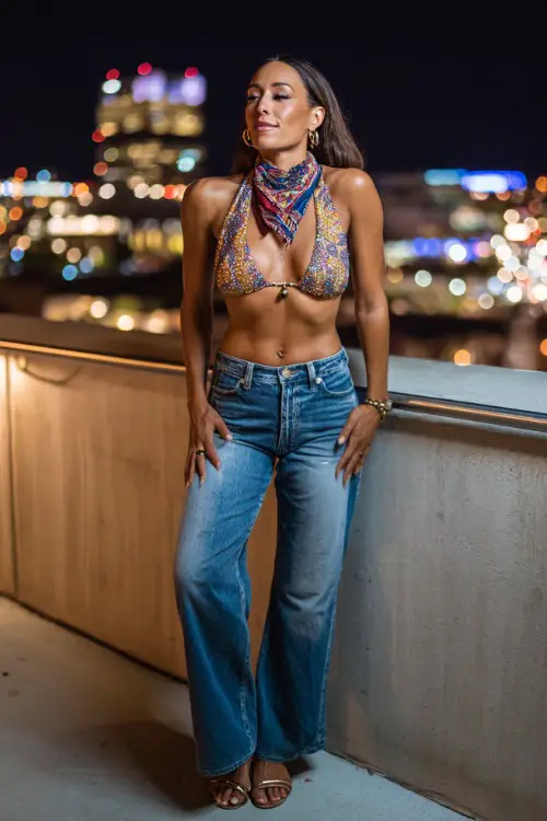 trendy woman wearing a sparkly halter crop top with low-rise flare jeans and strappy heels, accessorized with a colorful bandana and layered necklaces, Y2K party outfit with bandana 