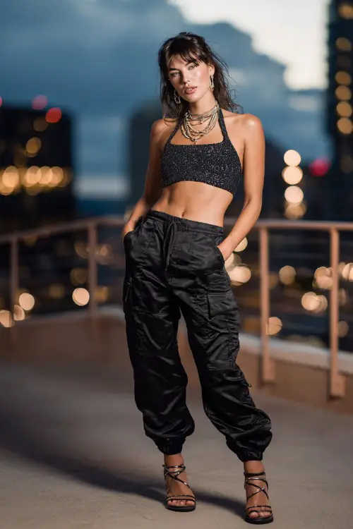 trendy woman wearing a sparkly halter crop top with satin cargo pants and strappy heels, accessorized with layered necklaces and a baguette bag, Y2K party outfit with cargo pants