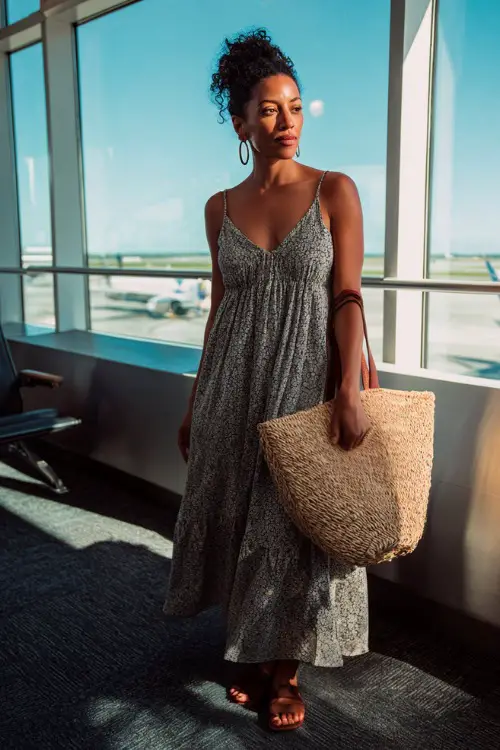 A Black woman wears a breezy maxi dress with subtle prints, paired with flat sandals and statement earrings, carrying a woven tote while moving through an airport lounge