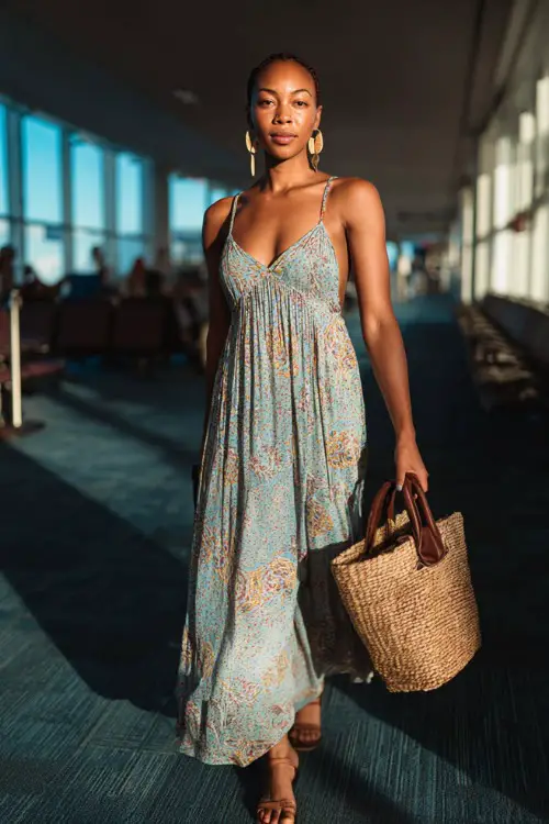 A Black woman wears a breezy maxi dress with subtle prints, paired with flat sandals and statement earrings