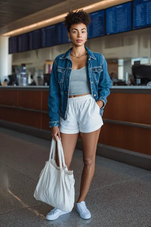 A Black woman wears a denim jacket layered over a fitted tank top and high-waisted shorts, styled with white sneakers and a tote bag, standing near the check-in area 