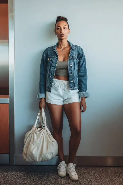 A Black woman wears a denim jacket layered over a fitted tank top and high-waisted shorts, styled with white sneakers and a tote bag, standing near the check-in area