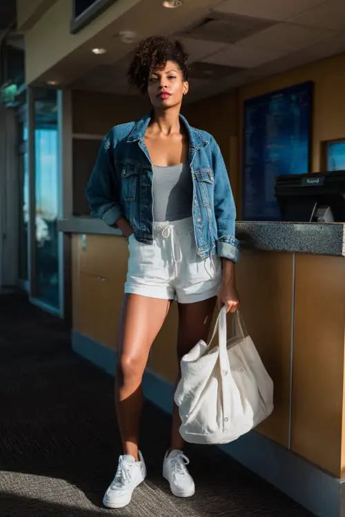 A Black woman wears a denim jacket layered over a fitted tank top and high-waisted shorts, styled with white sneakers and a tote bag