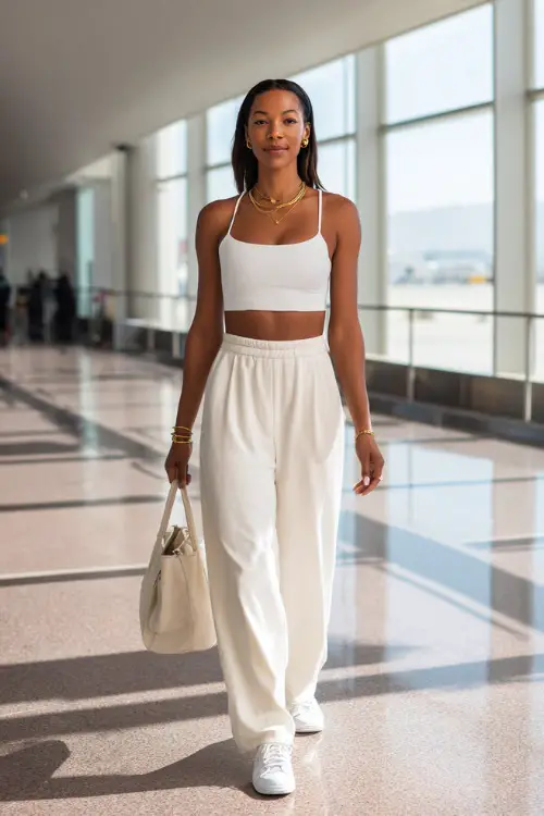 A Black woman wears a fitted white crop top with high-waisted wide-leg trousers, paired with white sneakers and gold jewelry
