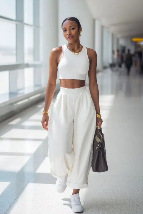 A Black woman wears a fitted white crop top with high-waisted wide-leg trousers, paired with white sneakers and gold jewelry