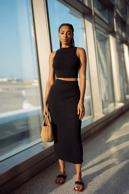 A Black woman wears a matching ribbed knit co-ord set with a fitted top and midi skirt, styled with flat sandals and a mini handbag 