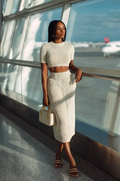 A Black woman wears a matching ribbed knit co-ord set with a fitted top and midi skirt, styled with flat sandals and a mini handbag