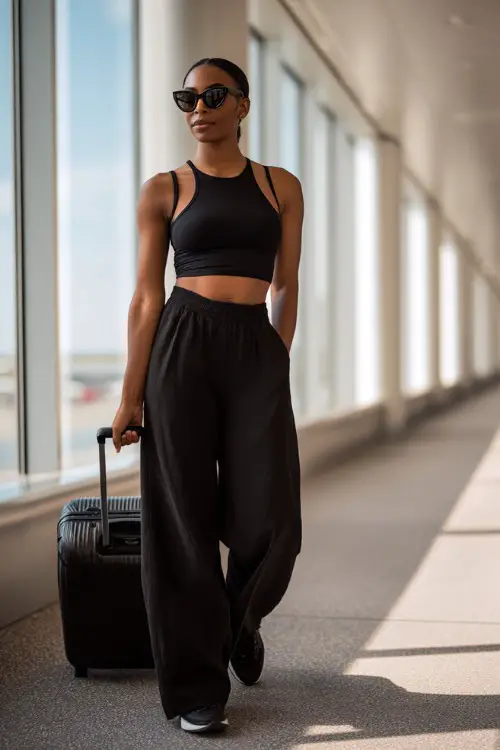 A Black woman wears a sleek monochrome outfit with a fitted black tank top and wide-leg trousers, paired with black sneakers and oversized sunglasses