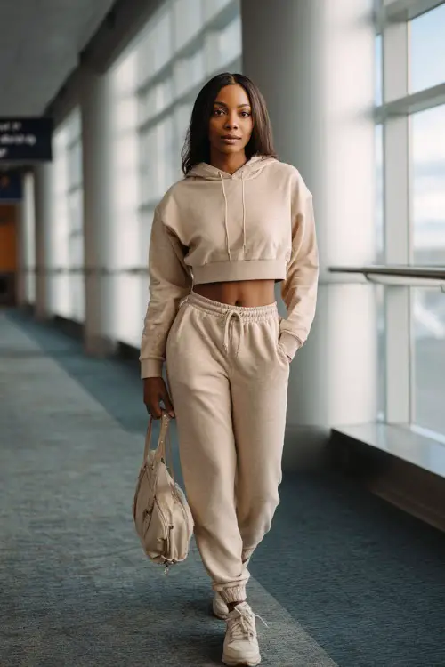 A Black woman wears a soft neutral lounge set with a cropped hoodie and jogger pants, styled with clean sneakers and a crossbody bag
