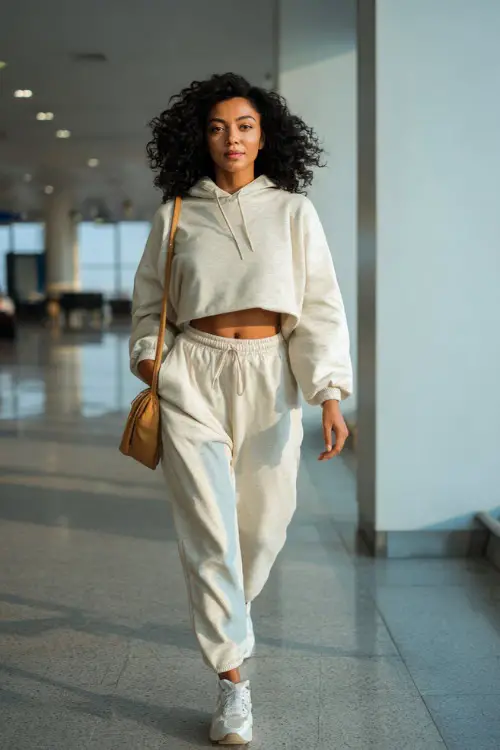 A Black woman wears a soft neutral lounge set with a cropped hoodie and jogger pants, styled with clean sneakers and a crossbody bag