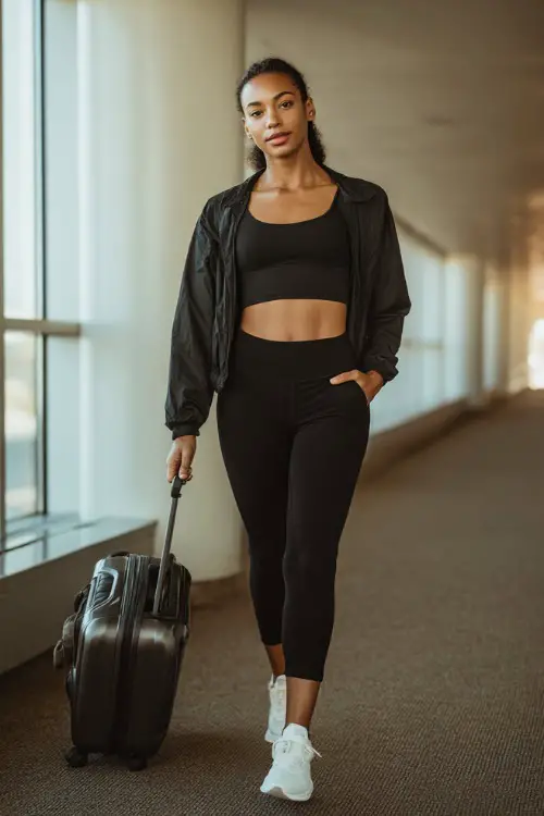 A Black woman wears a sporty chic outfit with a fitted crop top and high-waisted leggings, styled with sleek running sneakers and a lightweight jacket 