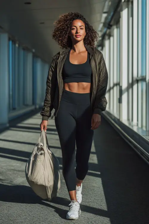 A Black woman wears a sporty chic outfit with a fitted crop top and high-waisted leggings, styled with sleek running sneakers and a lightweight jacket