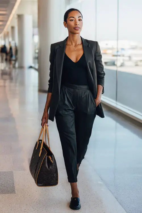 A Black woman wears a structured blazer over a bodysuit and tailored trousers, paired with loafers and a luxury handbag, walking confidently through a modern airport terminal