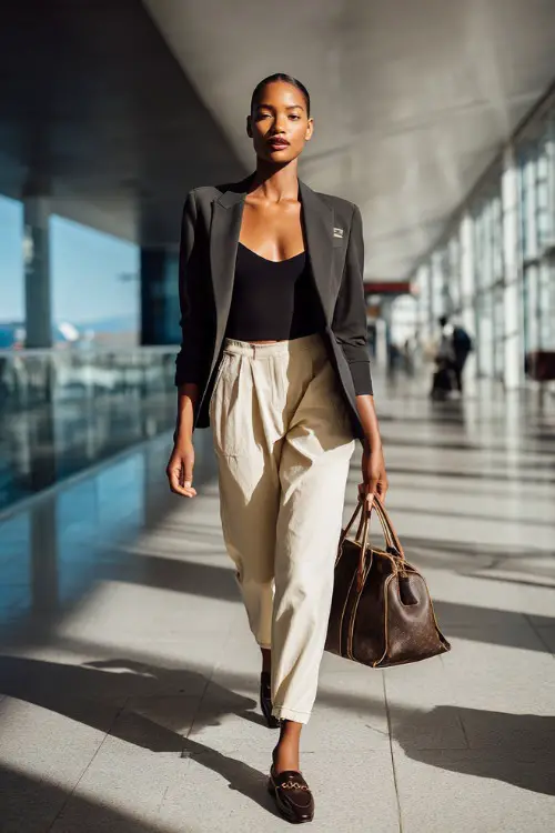 A Black woman wears a structured blazer over a bodysuit and tailored trousers, paired with loafers and a luxury handbag