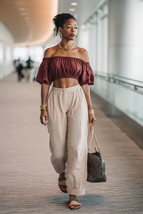 A Black woman wears a stylish off-shoulder top with relaxed linen pants, paired with slide sandals and layered gold accessories 