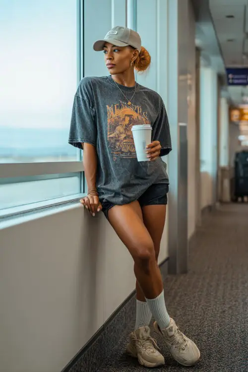 A Black woman wears an oversized graphic t-shirt tucked into biker shorts, styled with chunky sneakers, crew socks, and a baseball cap, holding a coffee near the boarding gate 