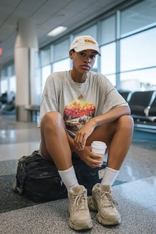 A Black woman wears an oversized graphic t-shirt tucked into biker shorts, styled with chunky sneakers, crew socks, and a baseball cap, holding a coffee near the boarding gate