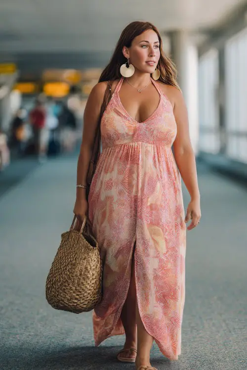 A plus-size woman wears a breezy maxi dress with a side slit, paired with flat sandals and statement earrings 