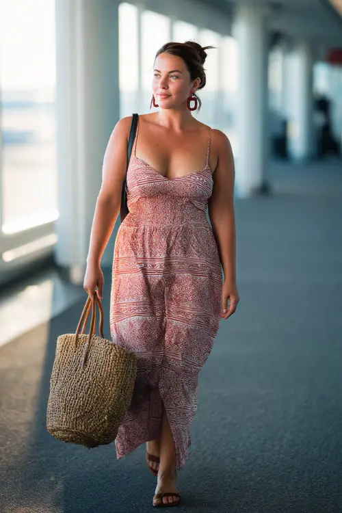 A plus-size woman wears a breezy maxi dress with a side slit, paired with flat sandals and statement earrings
