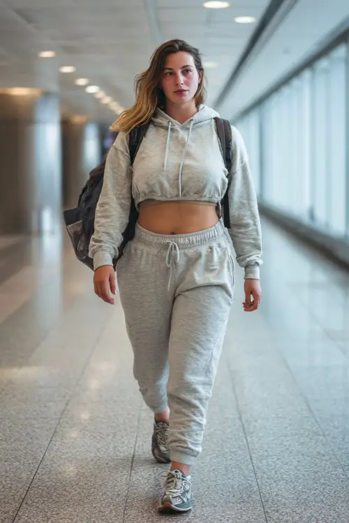 A plus-size woman wears a cropped hoodie with high-waisted joggers, styled with sporty sneakers and a mini backpack, walking through the airport hallway