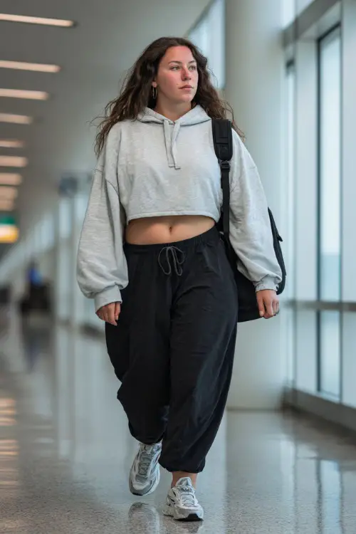 A plus-size woman wears a cropped hoodie with high-waisted joggers, styled with sporty sneakers and a mini backpack