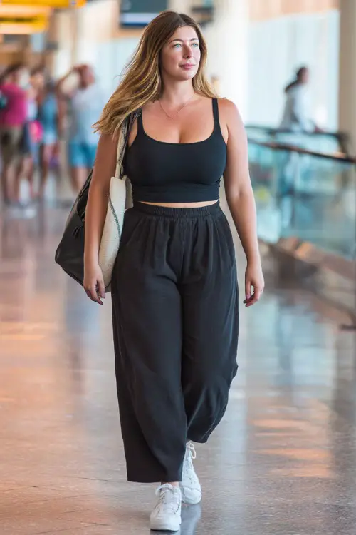 A plus-size woman wears a fitted black tank top with high-waisted wide-leg trousers, styled with white sneakers and a structured tote bag 