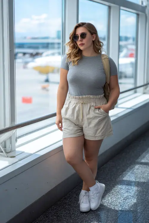 A plus-size woman wears a fitted t-shirt tucked into high-waisted paperbag shorts, styled with white sneakers and a crossbody bag, standing near airport windows