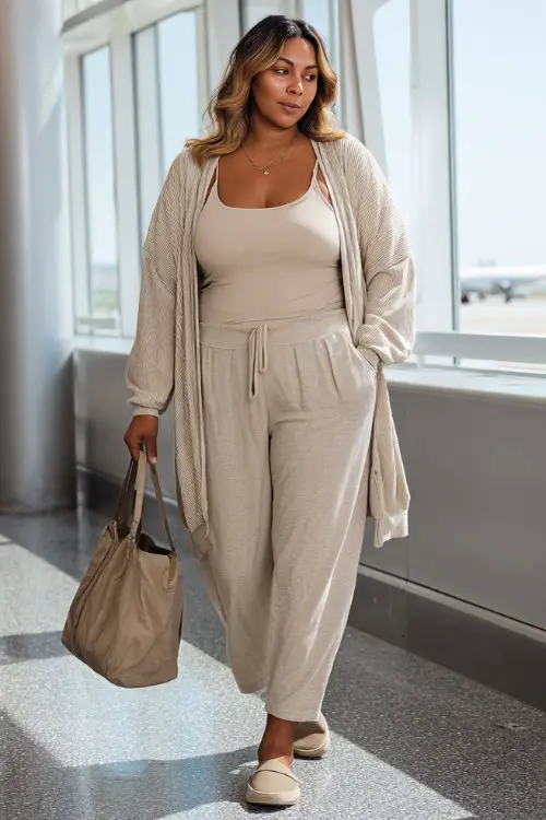 A plus-size woman wears a monochrome neutral outfit with a lightweight cardigan over a tank top and relaxed trousers, paired with slip-on shoes and a structured tote