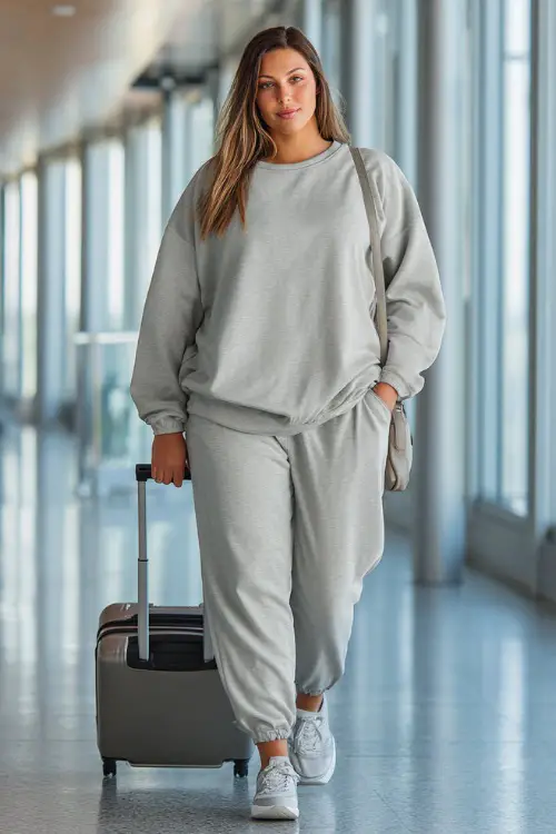 A plus-size woman wears a soft matching lounge set with an oversized sweatshirt and tapered jogger pants, paired with sleek sneakers and a crossbody bag