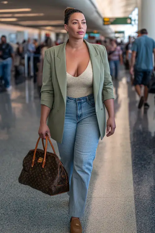 A plus-size woman wears a structured blazer over a bodysuit and high-waisted straight-leg jeans, styled with loafers and a designer handbag