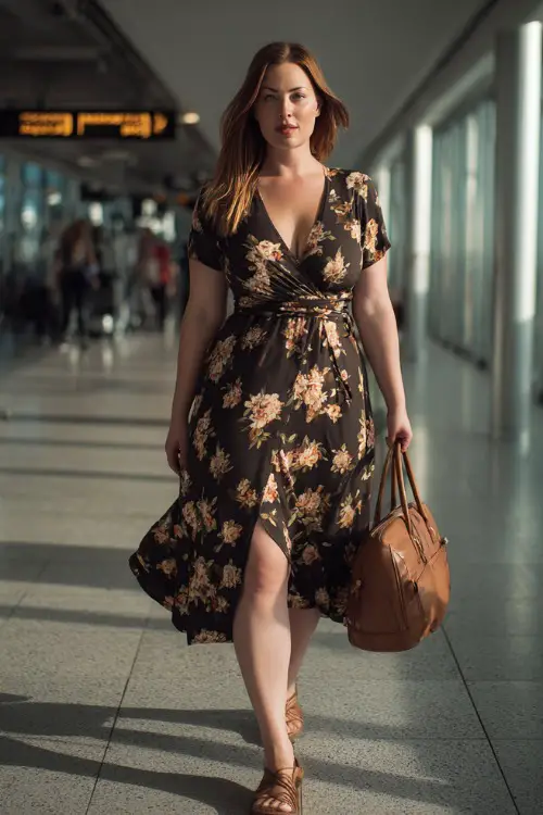 A plus-size woman wears a wrap midi dress that defines the waist, styled with flat sandals and a leather handbag, walking through an airy airport terminal