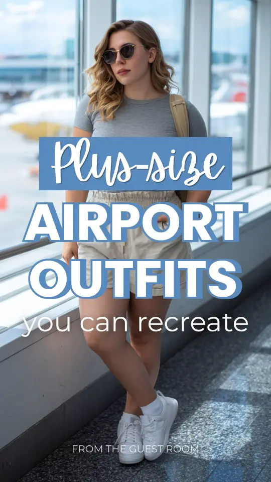 A plus-size woman wears an airport outfit with a fitted t-shirt tucked into high-waisted paperbag shorts