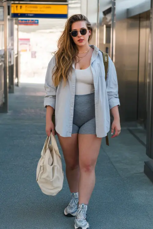A plus-size woman wears an oversized button-down shirt layered over a fitted tank top and biker shorts, paired with chunky sneakers and a tote bag