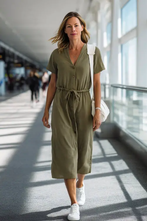A woman over 40 wears a breathable midi dress with a clean silhouette, paired with white sneakers and a crossbody bag 