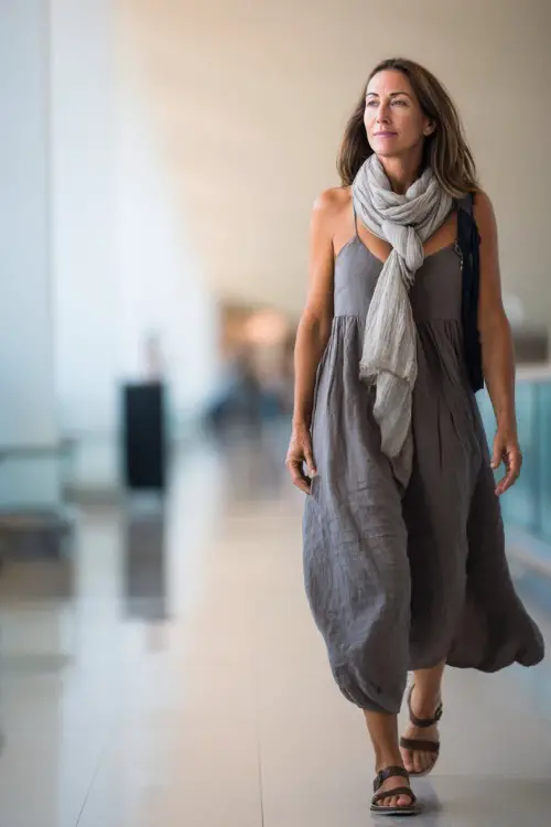 A woman over 40 wears a breathable midi dress with subtle structure, paired with flat sandals and a lightweight scarf, walking through an airy airport space