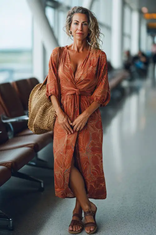 A woman over 40 wears a breathable wrap dress that defines the waist, paired with flat sandals and a woven bag 