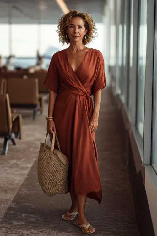 A woman over 40 wears a breathable wrap dress that defines the waist, paired with flat sandals and a woven bag