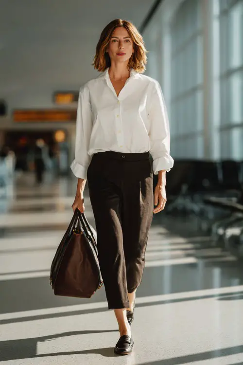 A woman over 40 wears a crisp white button-down shirt tucked into tailored ankle-length trousers, styled with loafers and a structured leather tote