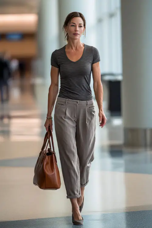 A woman over 40 wears a fitted short-sleeve top tucked into cropped trousers, styled with comfortable flats and a leather handbag 