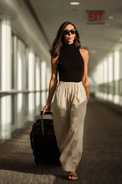 A woman over 40 wears a fitted sleeveless top with high-waisted flowy pants, paired with flat sandals and oversized sunglasses