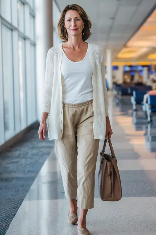A woman over 40 wears a lightweight cardigan layered over a tank top and cropped pants 